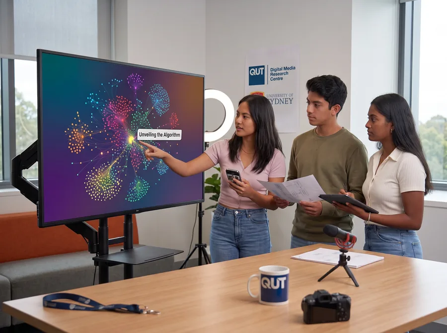 Three researchers discussing a colourful network map titled Unveiling the Algorithm
