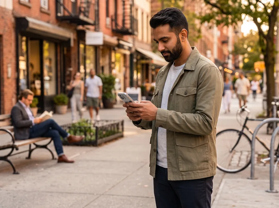 A man checking his phone on a busy street, one of many people going about their day