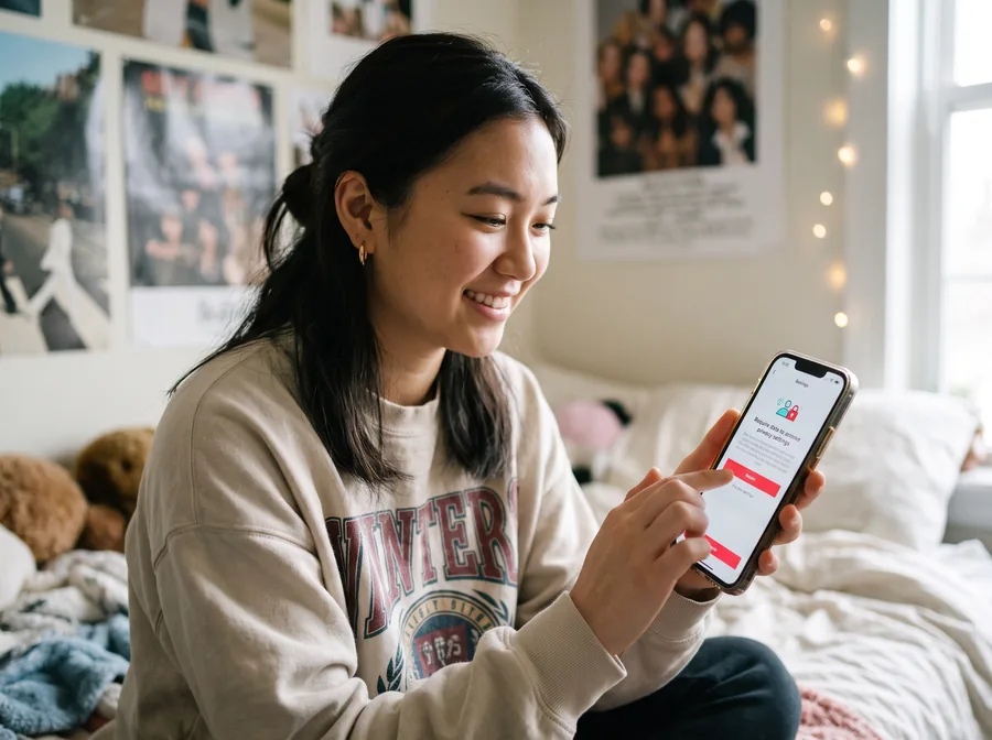 A young woman smiling as she taps through the request-your-data screen on her phone